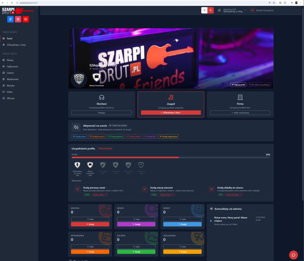 Nowy panel zespołu na Szarpidrut.pl jest już aktywny